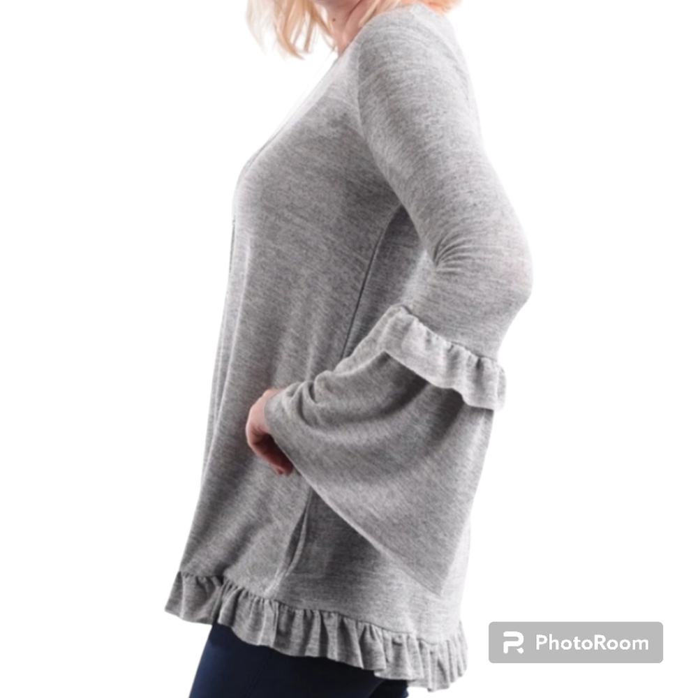 EASEL Anthropologie Gray Bell Sleeve Ruffle Knit Tunic Top sz Small Boho Hippie